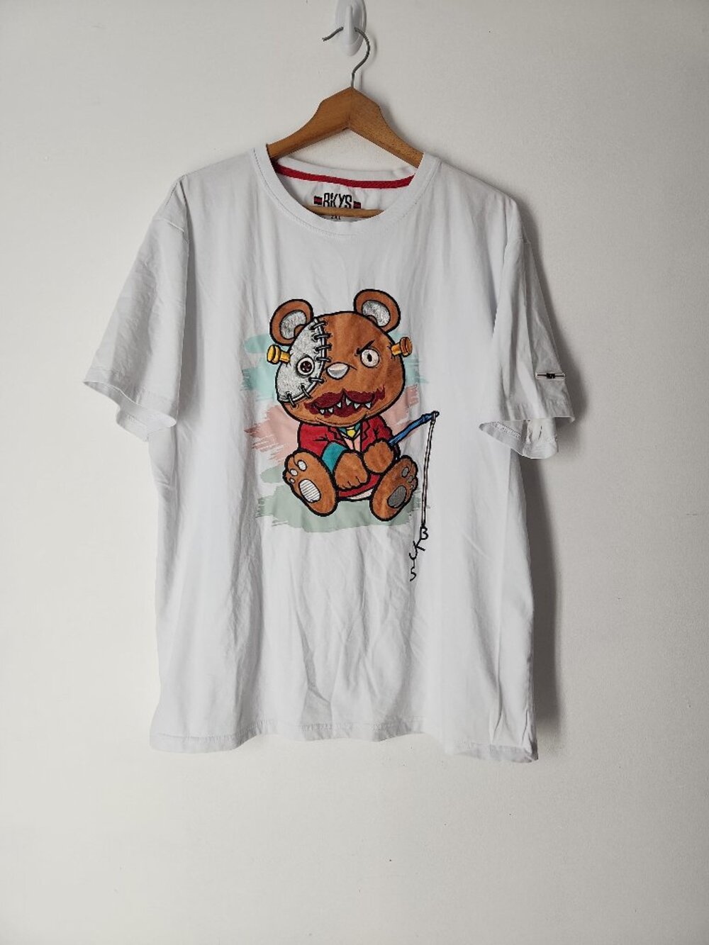 White t-shirt stitched Frankenstein-style Monster Catcher teddy bear fishing L